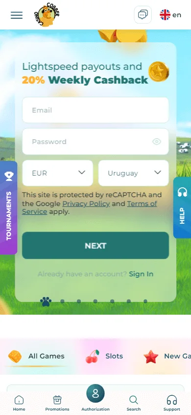Cobber Casino games lobby on mobile