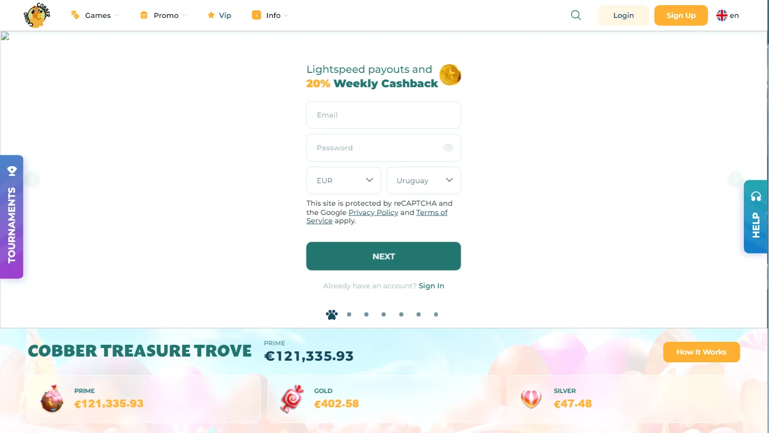 Cobber Casino home screen on desktop