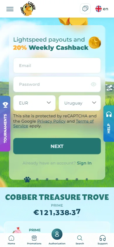 Cobber Casino home screen on mobile