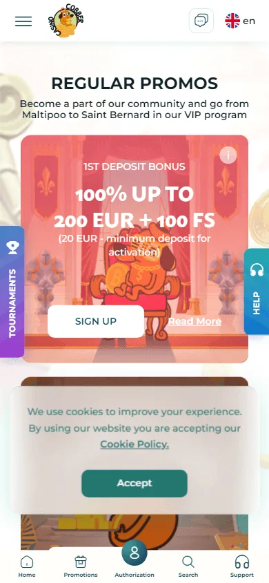 Cobber Casino promotions area on mobile